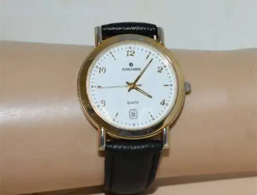 Herren Junghans Uhr Quarz Edelstahl vergoldet mit Datum anzeige
