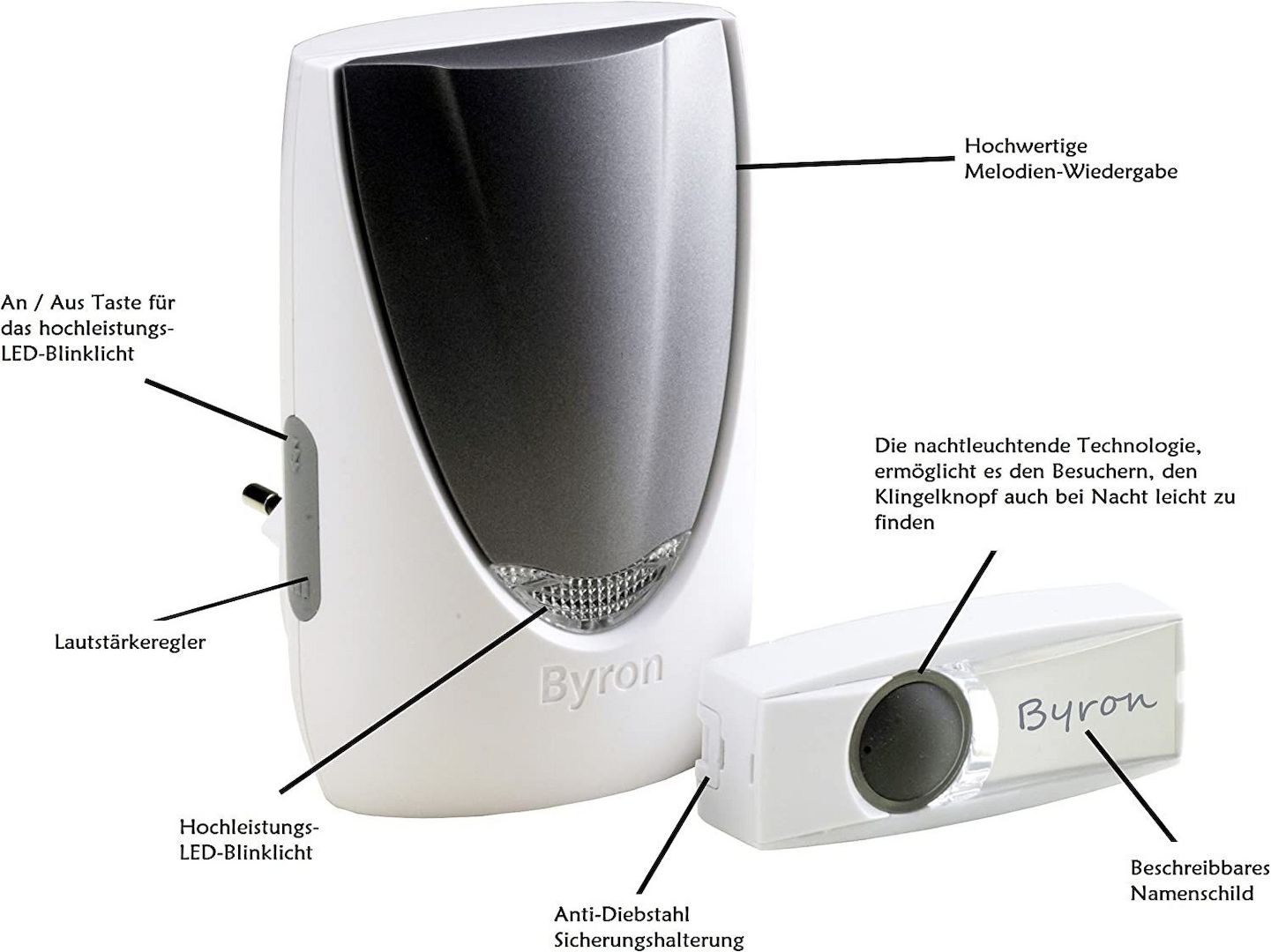 Byron - Kabellose Türklingel mit Blitzlicht bis 150 mtr.