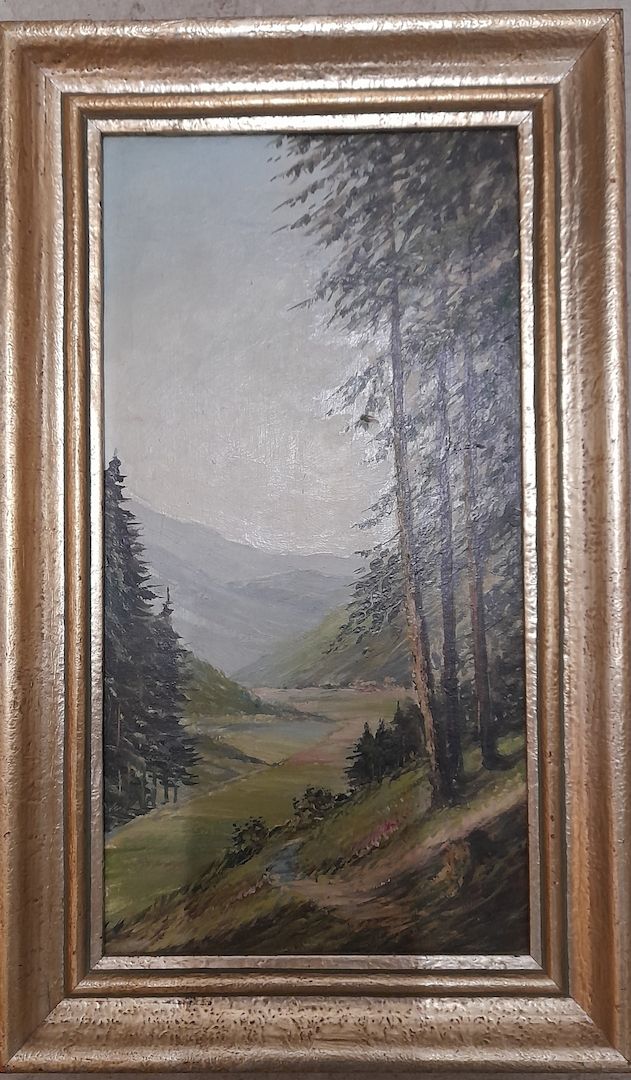 Altes Landschaftsbild, Stillleben, schlicht und schön, auf Holz, goldfarbener Rahmen