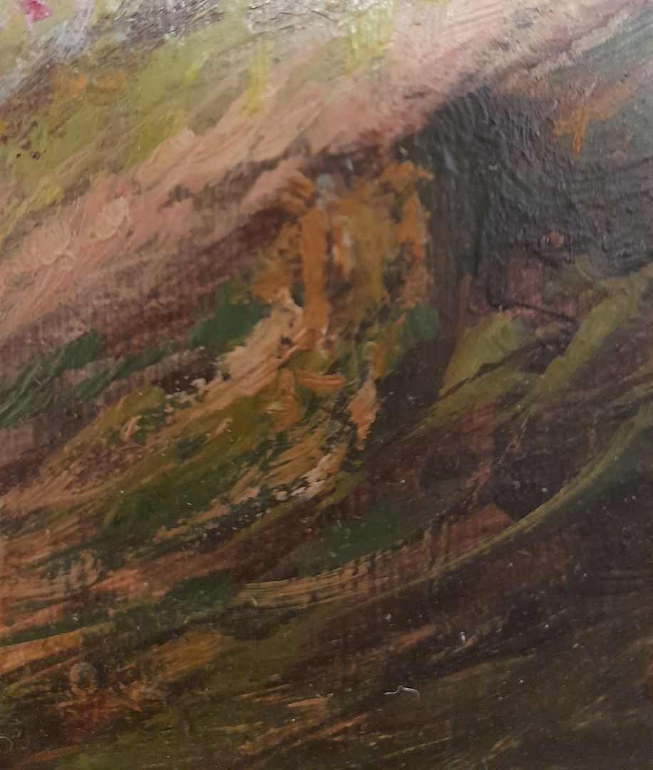 Altes Landschaftsbild, Stillleben, schlicht und schön, auf Holz, goldfarbener Rahmen