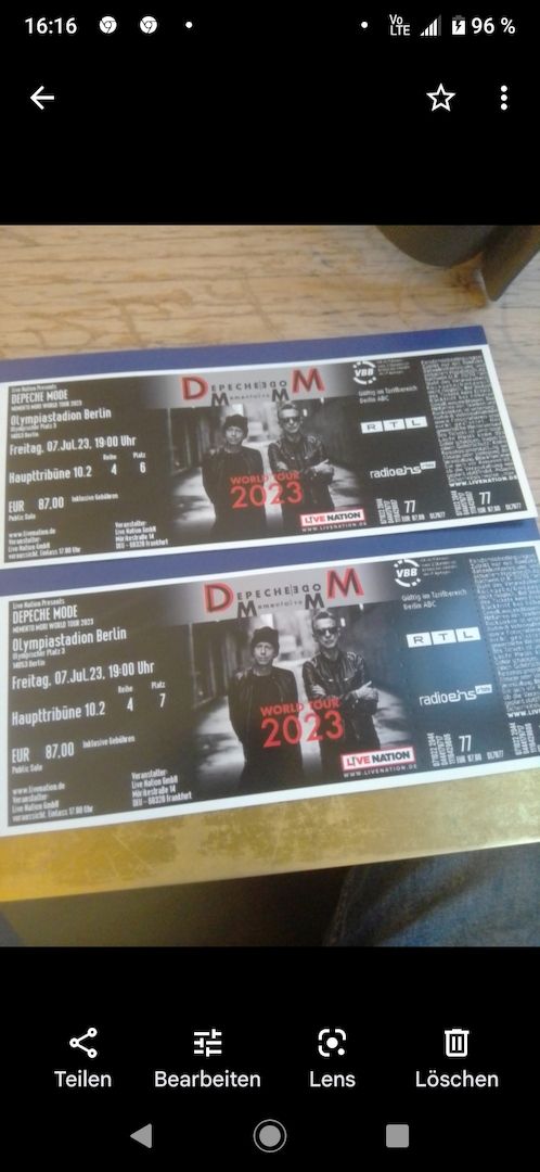 2 Depeche Mode Karten 7.7.23 Berliner Olympiastadion 2 Depeche Mode Karten 7.7.23 Berliner Olympiastadion