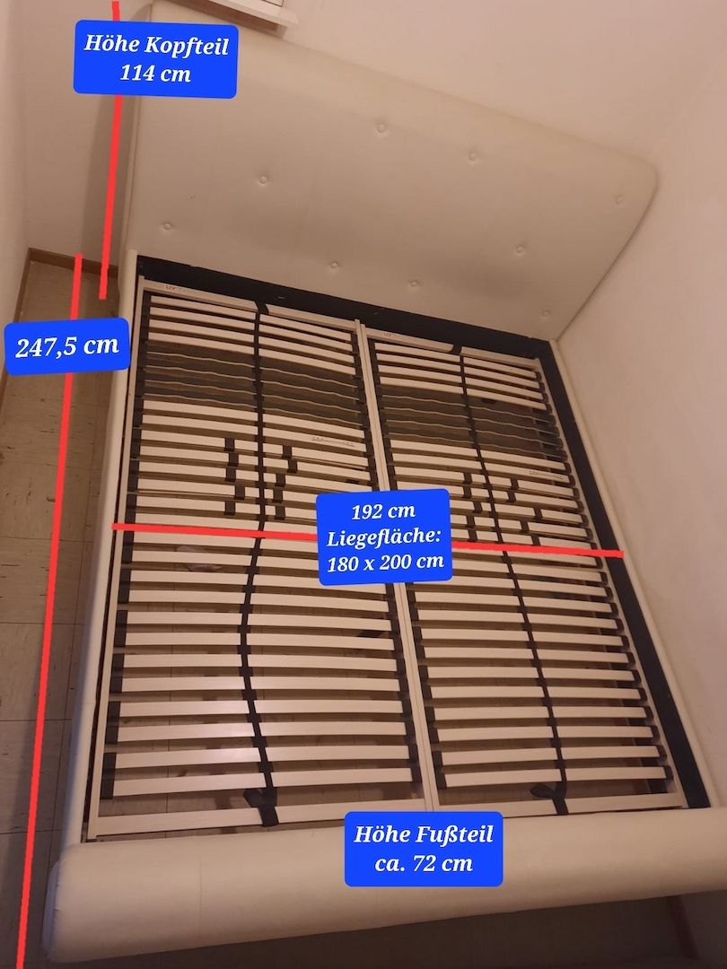Bett 180x200m, echtes Leder, weiß, inkl. Lattenrost