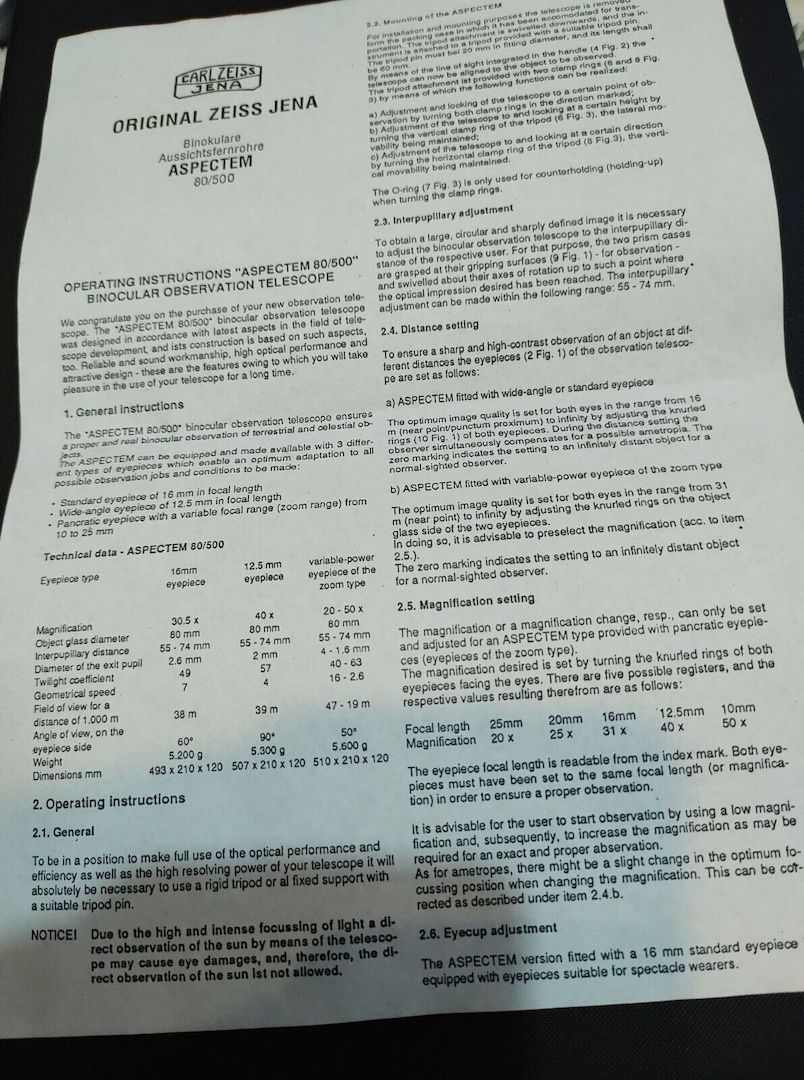 Fernglas Carl Zeiss Jena Aspectem 80/500