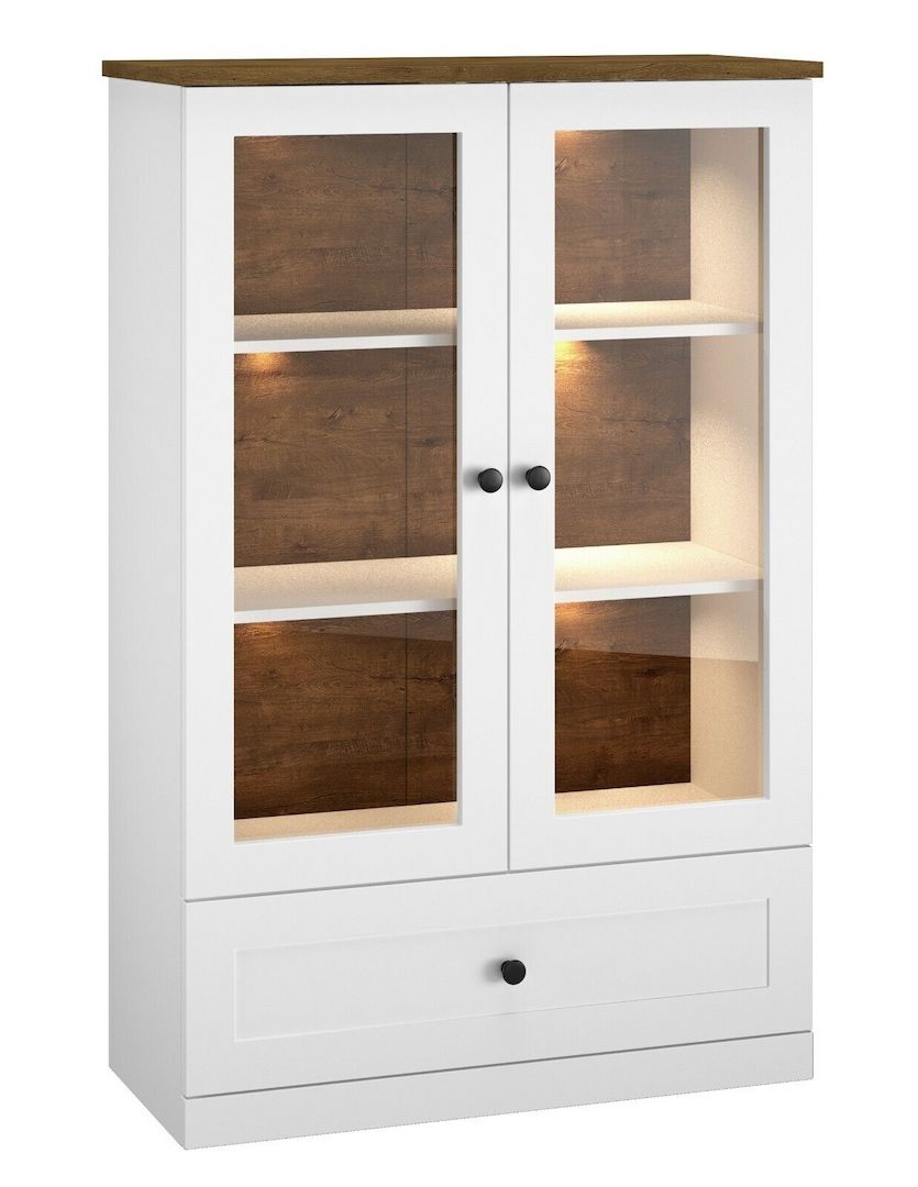 Glasvitrine LILLE 05 Eiche Lefkas Weiss matt mit Regalbeleuchtung und Schublade 140 x 82 x 40 cm