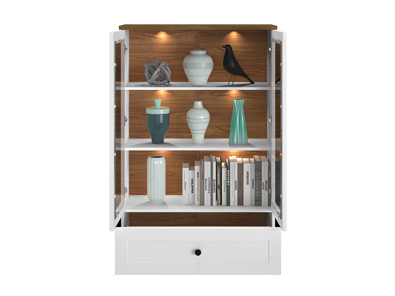 Glasvitrine LILLE 05 Eiche Lefkas Weiss matt mit Regalbeleuchtung und Schublade 140 x 82 x 40 cm