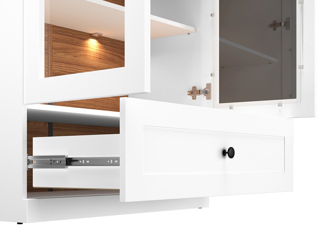 Glasvitrine LILLE 05 Eiche Lefkas Weiss matt mit Regalbeleuchtung und Schublade 140 x 82 x 40 cm