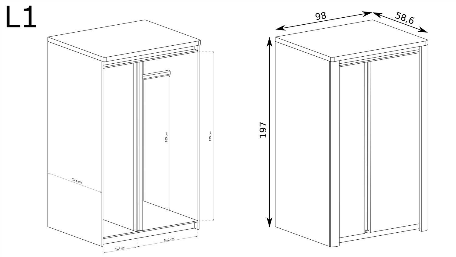 Kleiderschrank LIVINIO L-1 zweitürig geräumig Breite 98cm