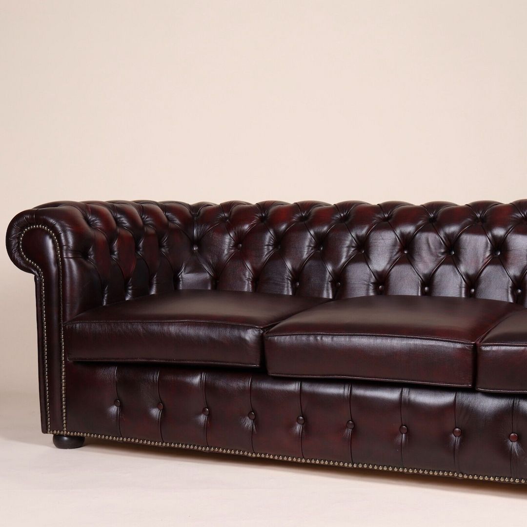 Englische Möbel Chesterfield Antik Leder Sofa 3 Sitzer Oxblood Messingnieten