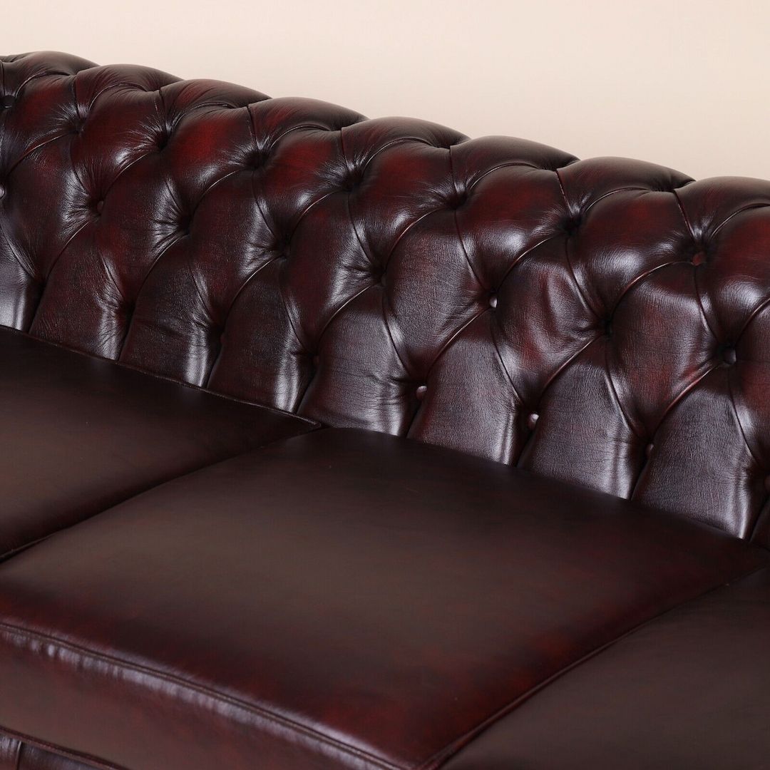 Englische Möbel Chesterfield Antik Leder Sofa 3 Sitzer Oxblood Messingnieten