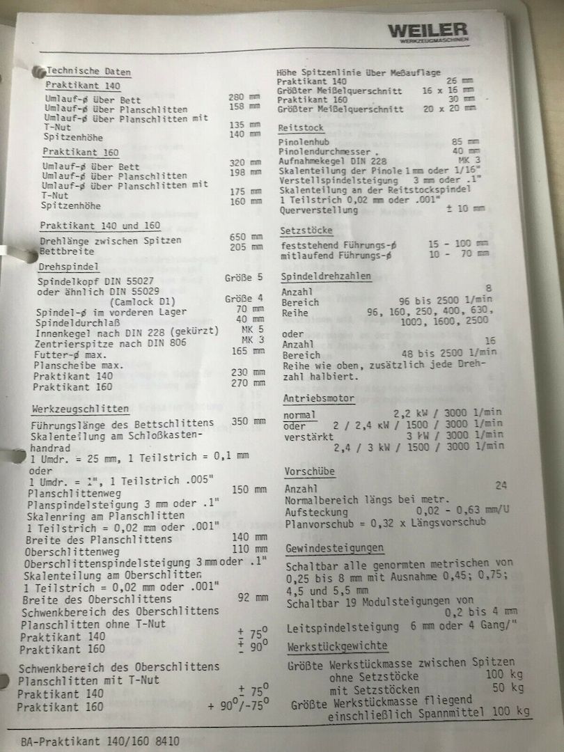 Leit und Zugspindeldrehmaschine Weiler Praktikant 160B