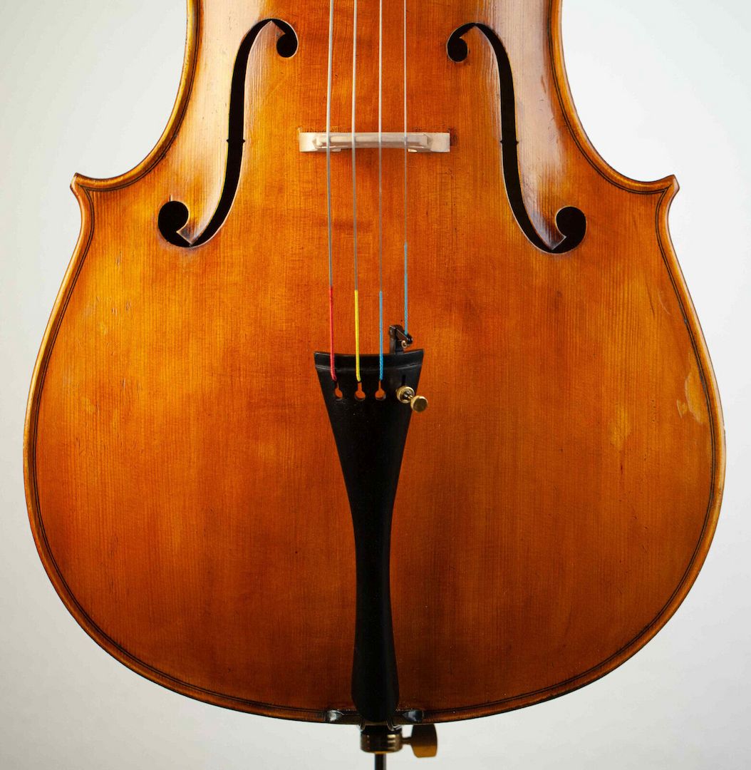 Old cello labeled G. Pedrazzini 1945 violoncello