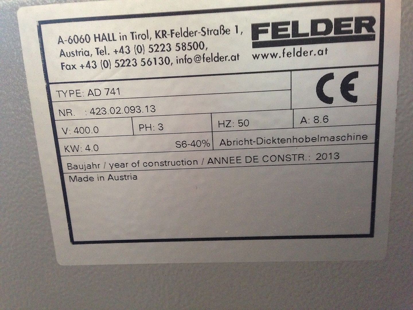 Felder Abricht-Dicktenhobelmaschine AD 741