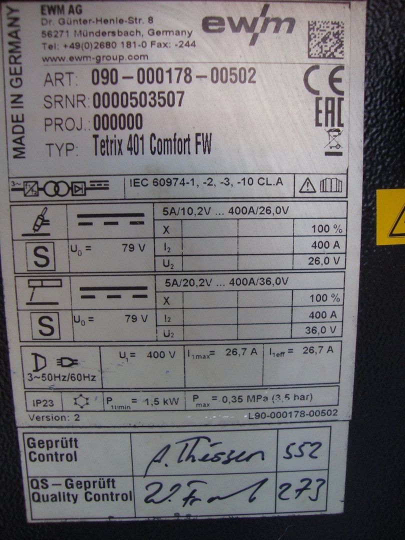 EWM Tetrix Comfort 401 FW, WIG-Schweißgerät, Gleichstrom, 400 A