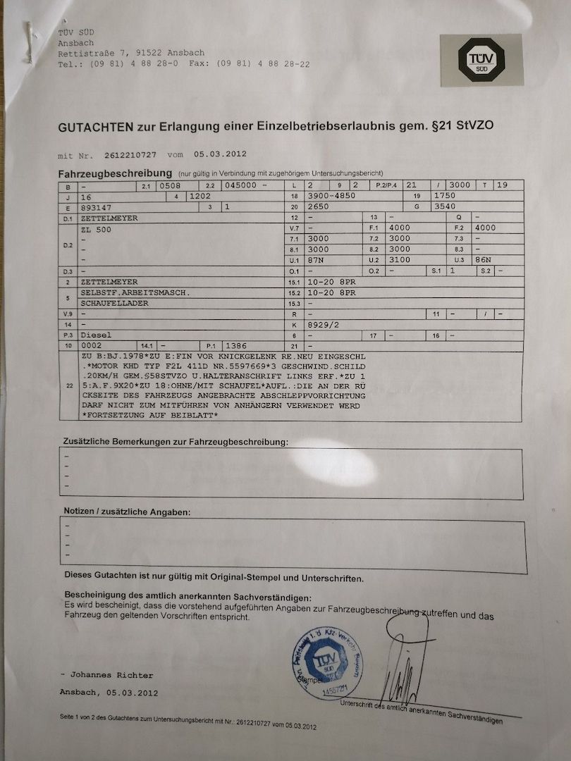 Radlader, Hoflader Zettelmeyer ZL500 mit Betriebserlaubnis