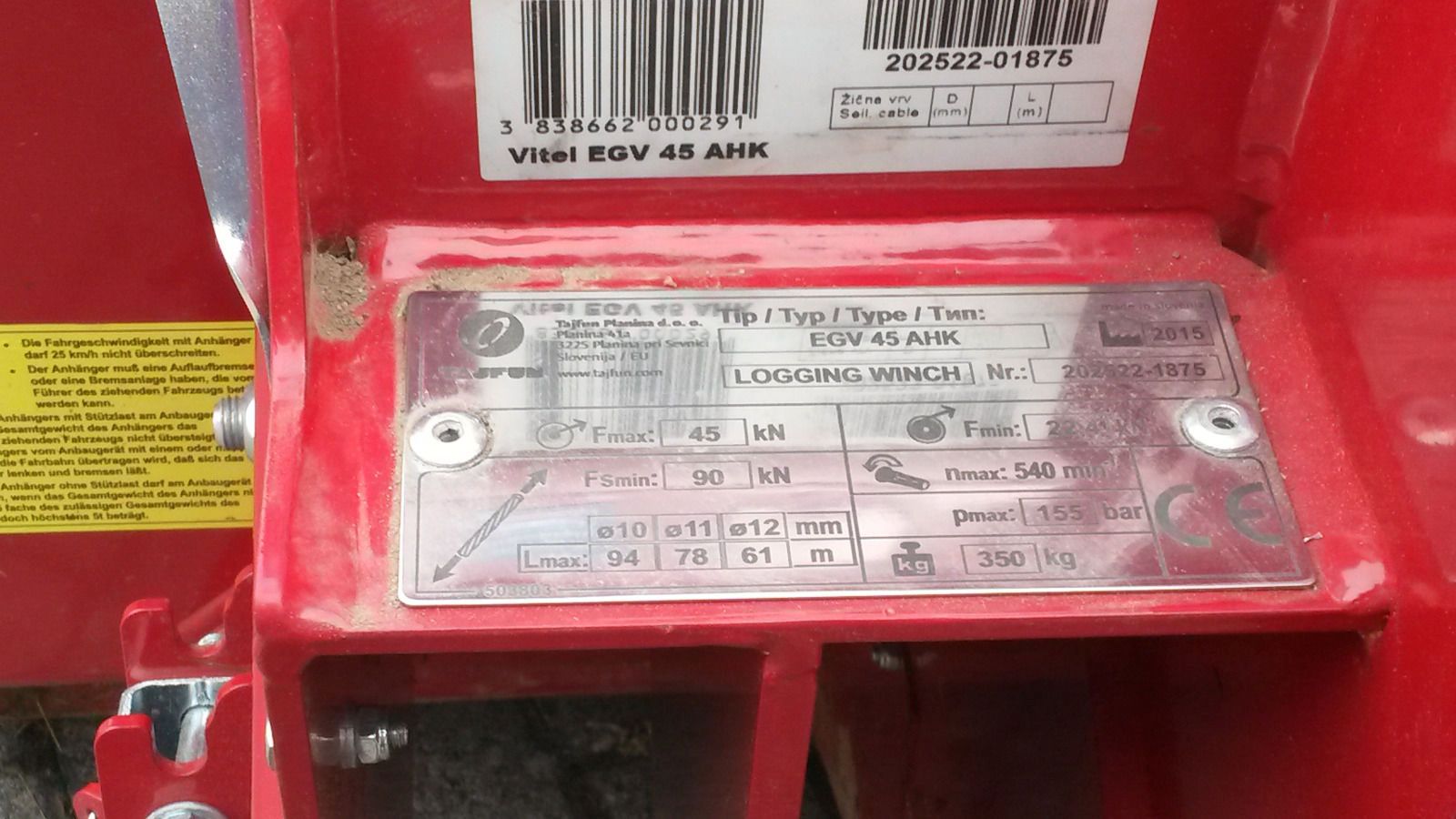 Forstseilwinde, Seilwinde Tajfun EGV 45 AHK hydraulischer Antrieb