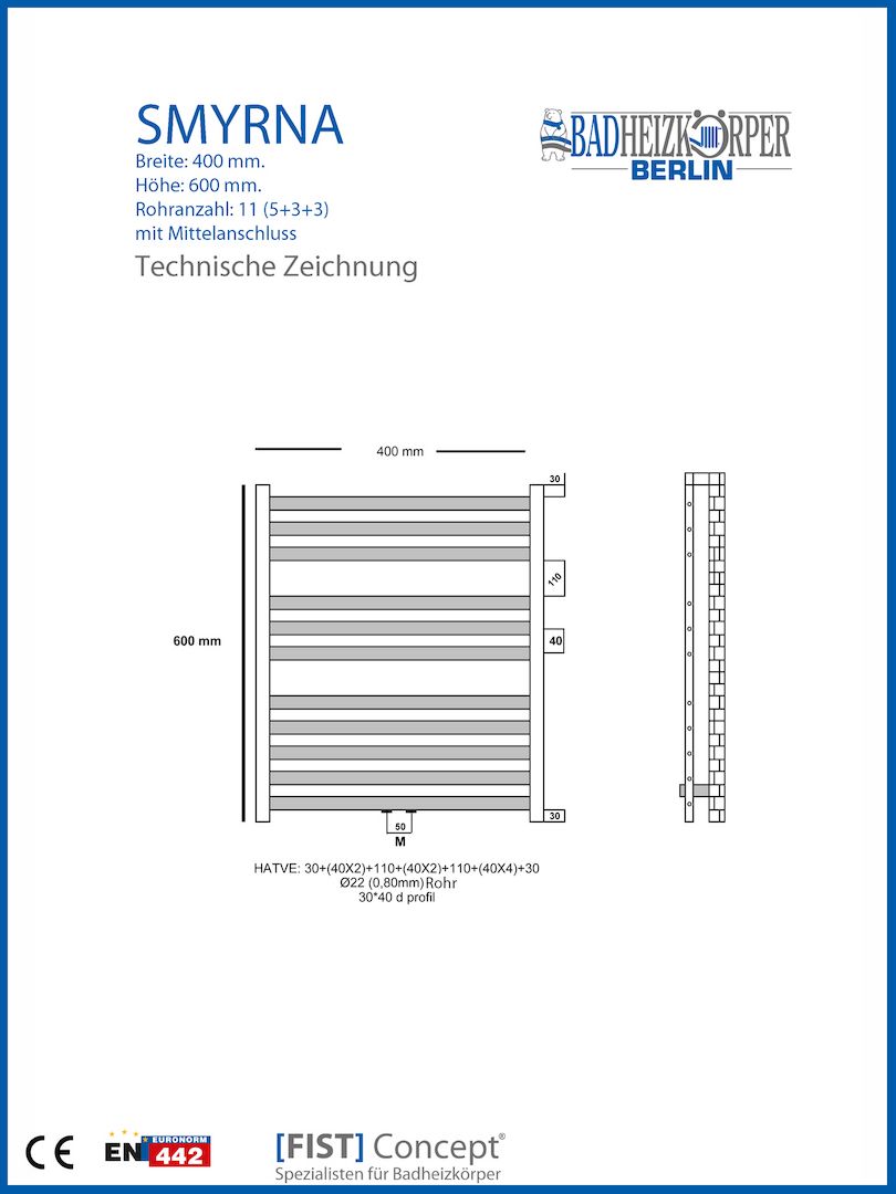 Badheizkörper SMYRNA Schwarz  Matt B: 400 mm. H: 600 mm.