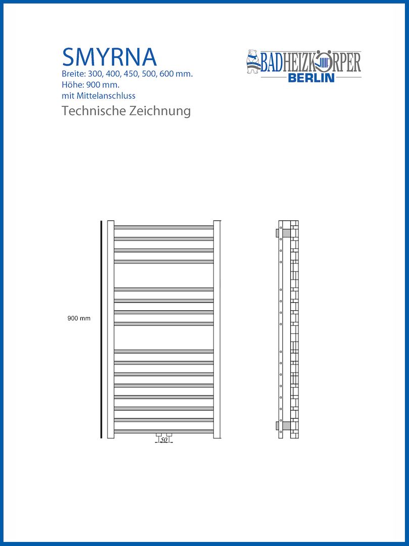 Badheizkörper SMYRNA Schwarz Matt B: 300 mm. H: 900 mm.