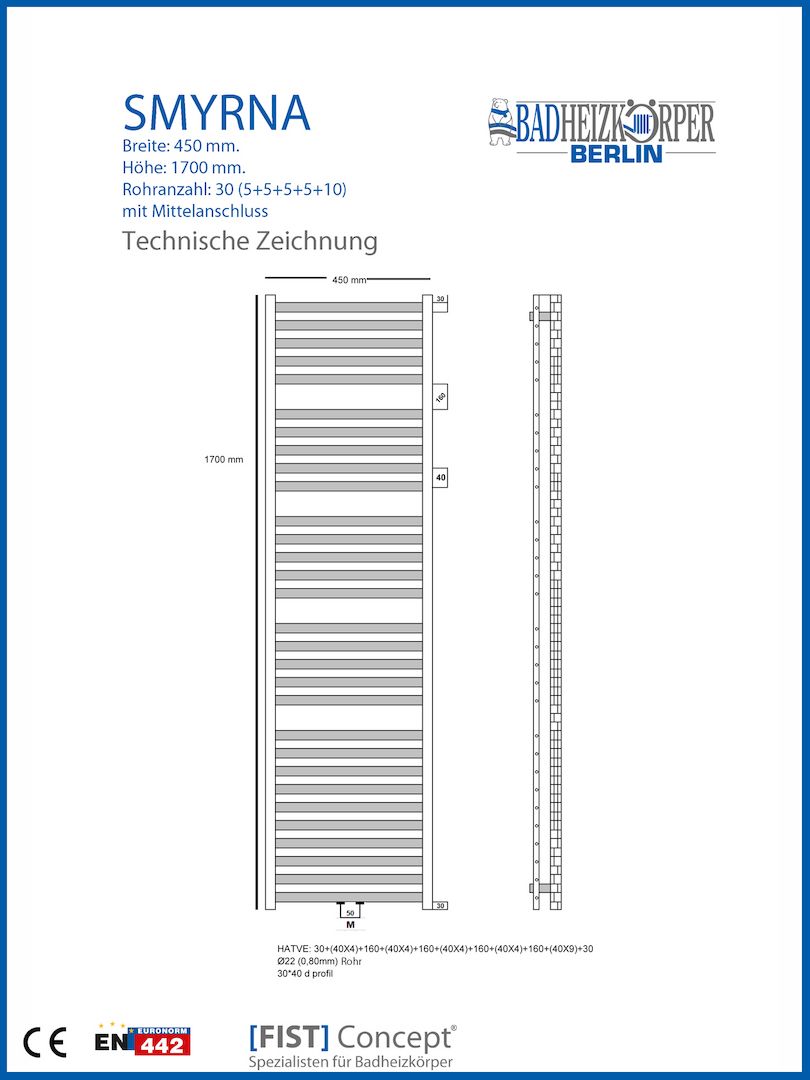 Badheizkörper SMYRNA Schwarz Matt B: 450 mm. H: 1700 mm. Badheizkörper SMYRNA Schwarz Matt B: 450 mm. H: 1700 mm.