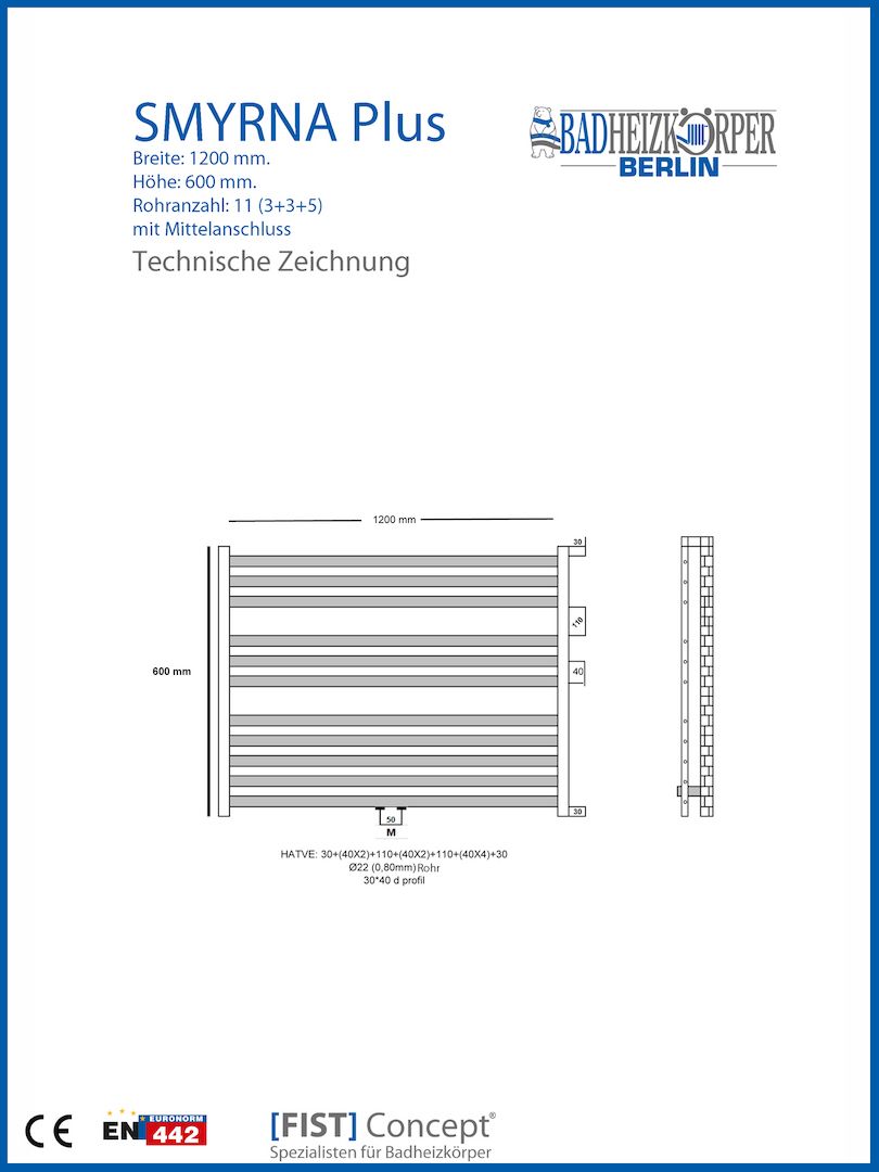 Badheizkörper SMYRNA PLUS Schwarz Matt  Breite: 1200 mm. Höhe: 600 mm. Badheizkörper SMYRNA PLUS Schwarz Matt  Breite: 1200 mm. Höhe: 600 mm.
