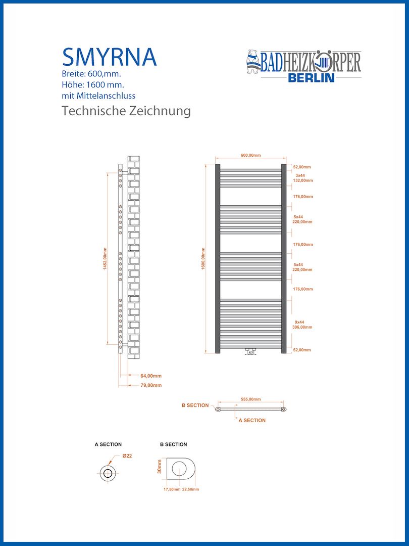 Badheizkörper SMYRNA Weiß 600 x 1600 mm. Gerade Mittelanschluss Badheizkörper SMYRNA Weiß 600 x 1600 mm. Gerade Mittelanschluss