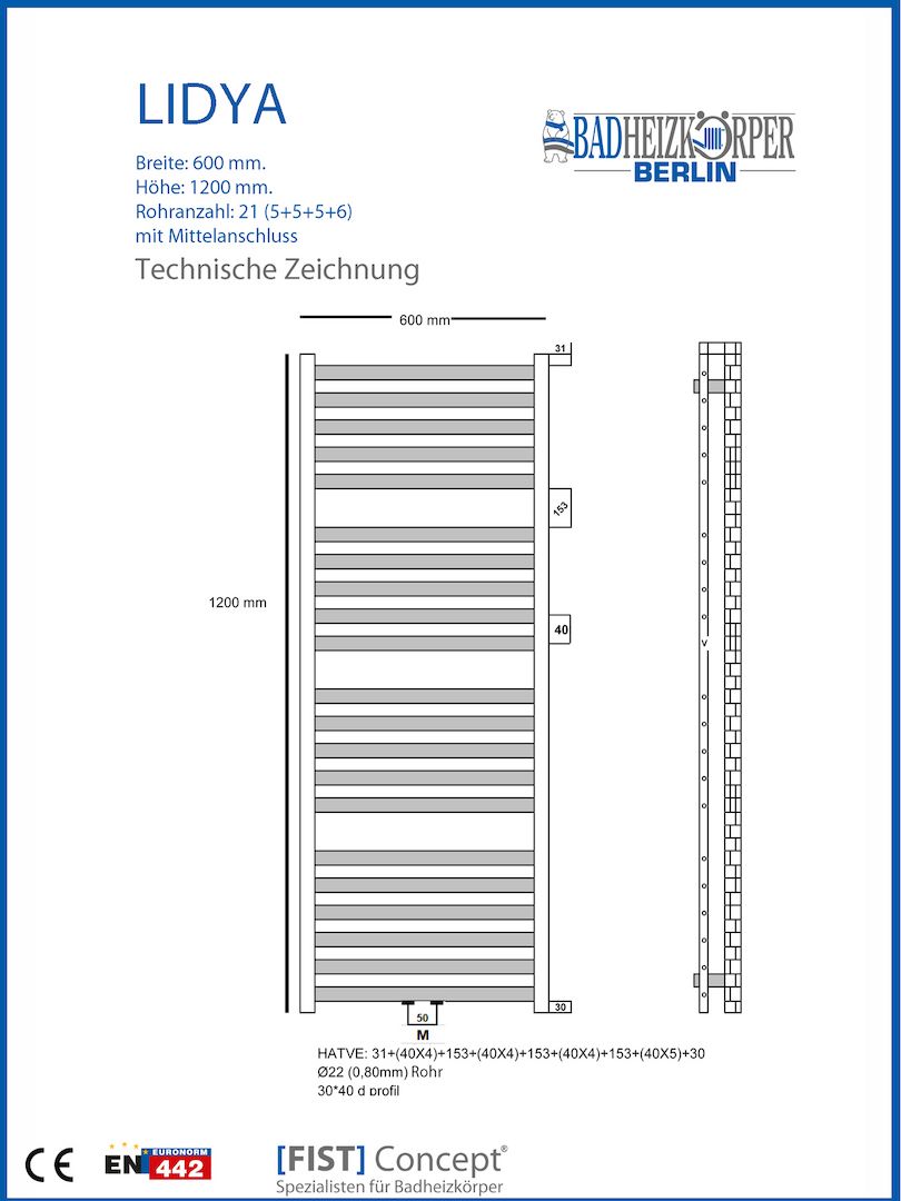 Badheizkörper LIDYA Chrom B: 600 mm. H: 1200 mm. Mittelanschluss Badheizkörper LIDYA Chrom B: 600 mm. H: 1200 mm. Mittelanschluss