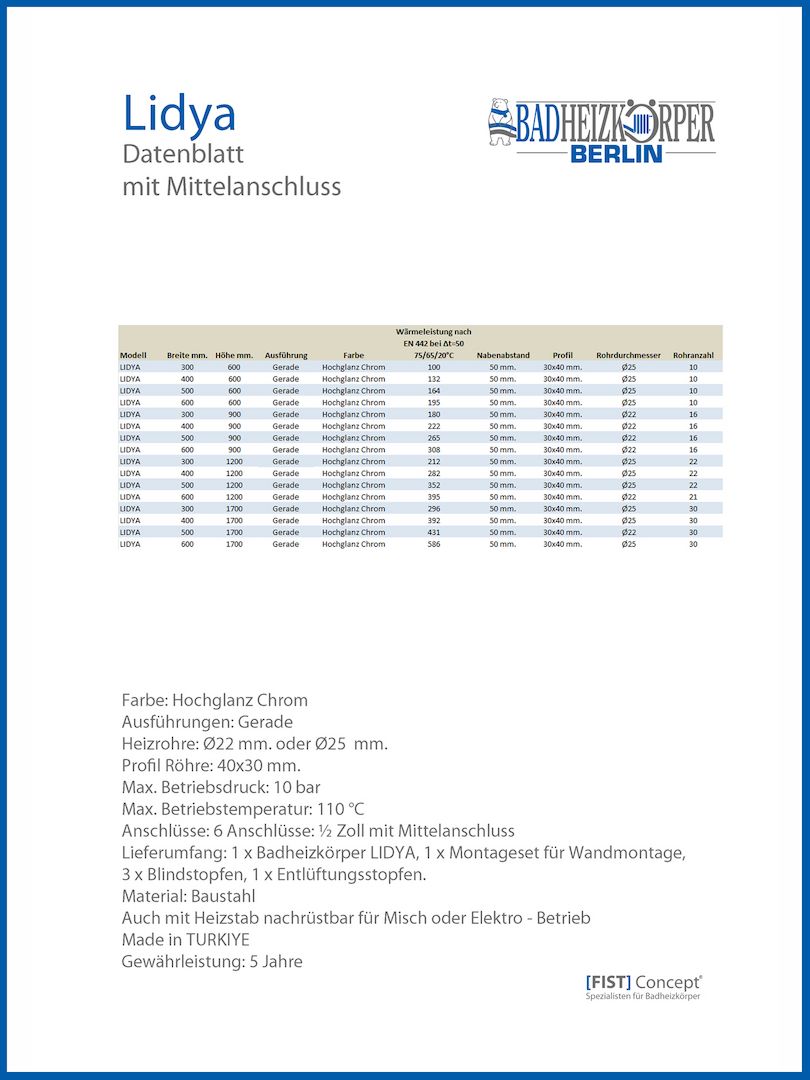 Badheizkörper LIDYA Chrom B: 300 mm. H: 900 mm. Mittelanschluss Badheizkörper LIDYA Chrom B: 300 mm. H: 900 mm. Mittelanschluss