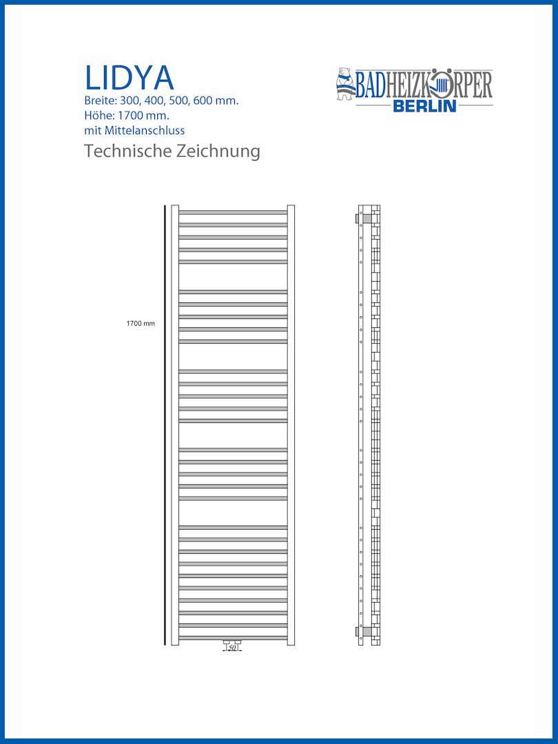 Badheizkörper LIDYA Chrom B: 500 mm. H: 1700 mm. Mittelanschluss Badheizkörper LIDYA Chrom B: 500 mm. H: 1700 mm. Mittelanschluss