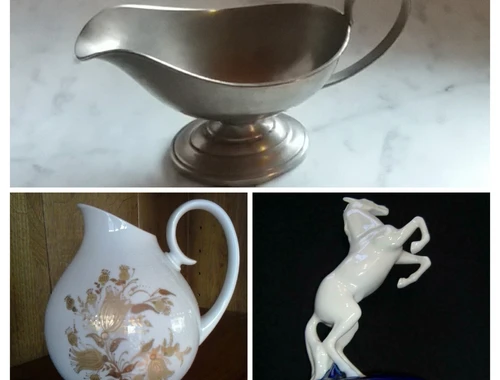 3 antike Haushaltsgegenstände, Sauciere, Vase + Pferd, Selten!