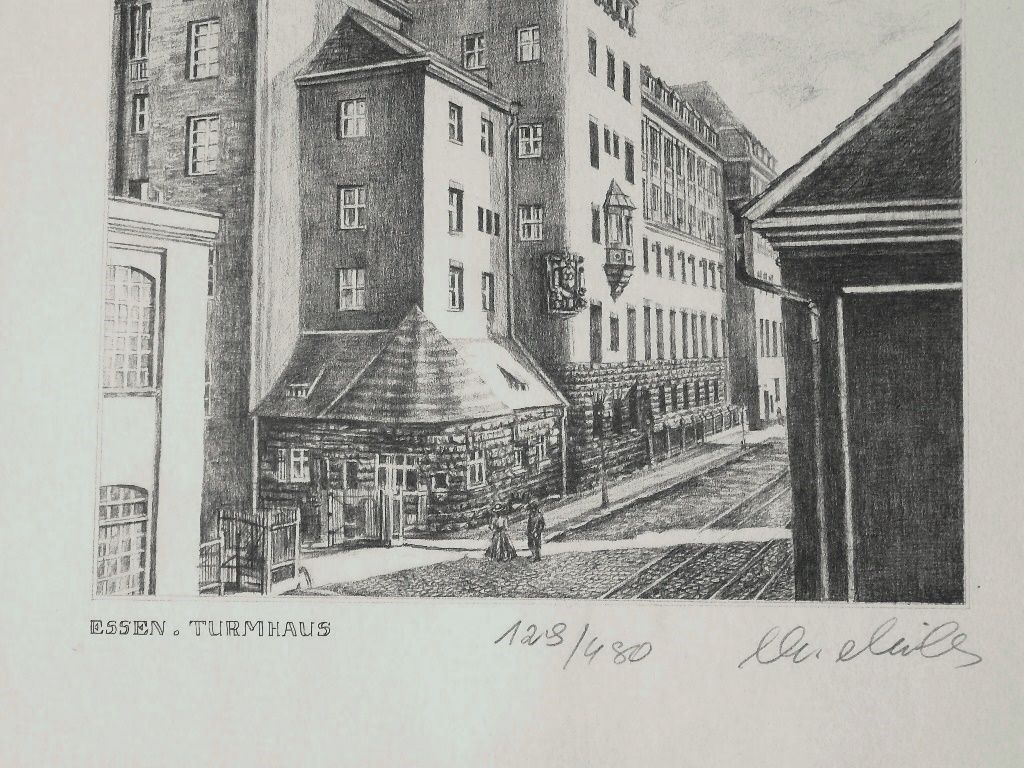 Turmhaus alte Grafik Essen 43x33. B077