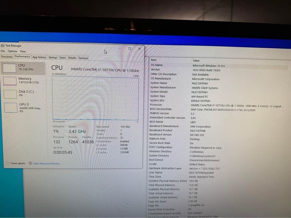 Intel NUC i7 10th Gen mini PC 16GB RAM 250GB SSD