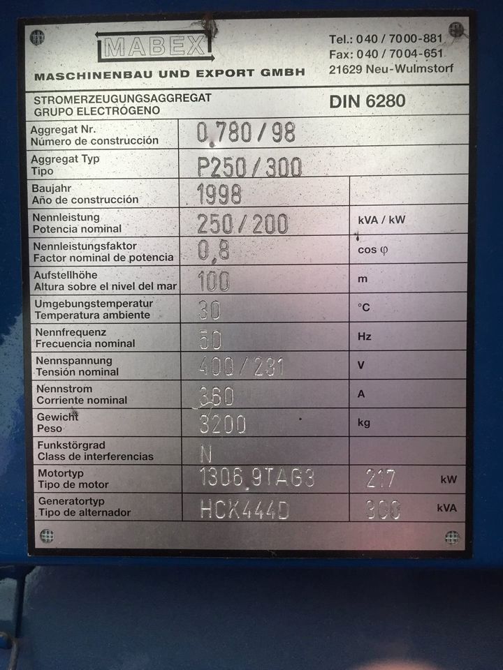 Notstromaggregat, Stromerzeuger, Stromaggregat, 250 kVA 200kW Mabex, Bearward