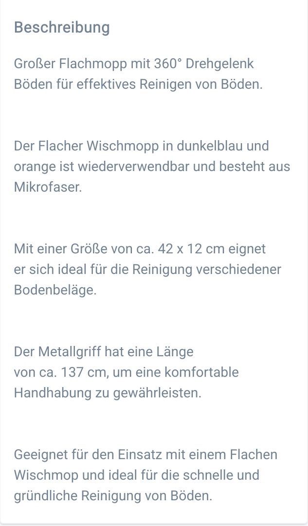 Großer Flachmop, Flacher Wischmopp, 360° Drehgelenk Bodenwischer Set Flachmopp