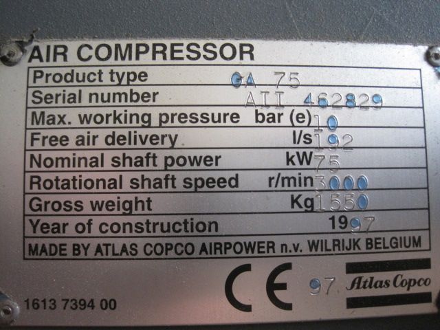 Atlas Copco GA 75 Schraubenkompressor Kompressor 10 bar - 691 m³Std