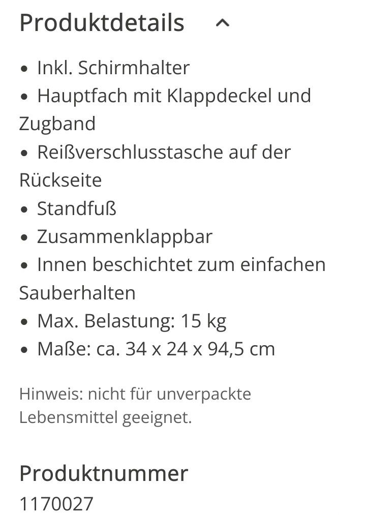 Einkaufstrolley mit 2 Rollen inkl. Schirmhalter, Standfuß