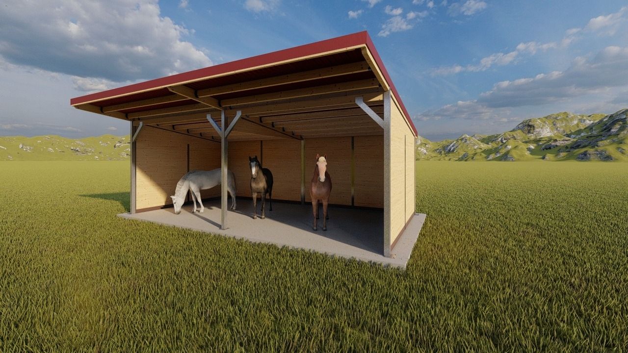 Offenstall & Weidehütte mit Heuraufe | Pferdeunterstand - Weide