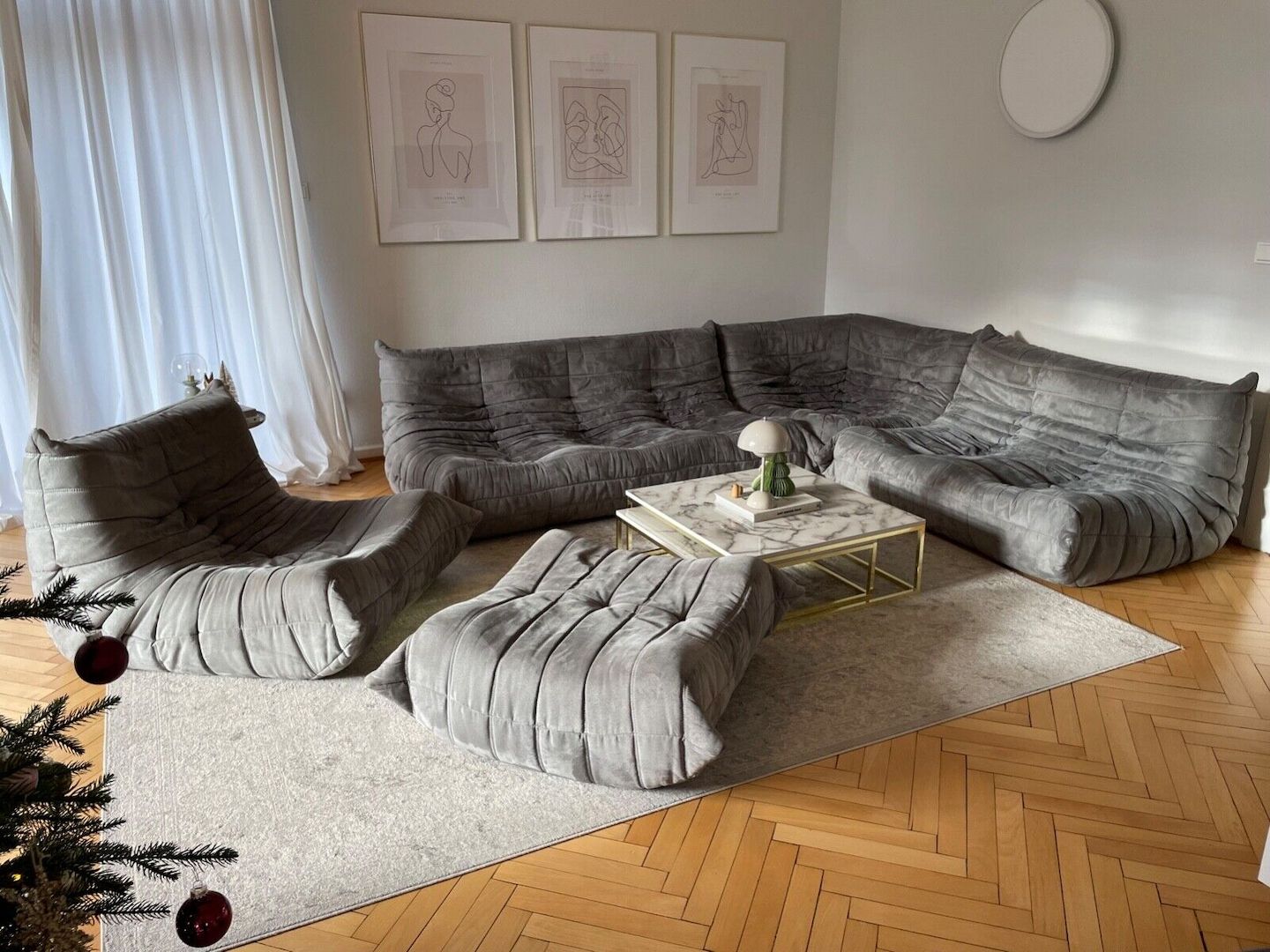 Ligne Roset Togo Couch Komplettset 3, 2, 1, Ecke, Hocker grau Microfaser Sessel