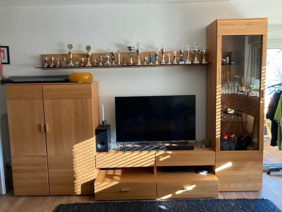 Hochwertige Wohnzimmer Schrankwand Massivholz mit Vitrine, Schrank, Lowboard, Wandregal