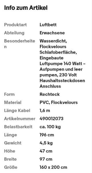 2 Personen Luftbett Luftmatratze selbstaufblasend Reisebett mit Pumpe Gästebett