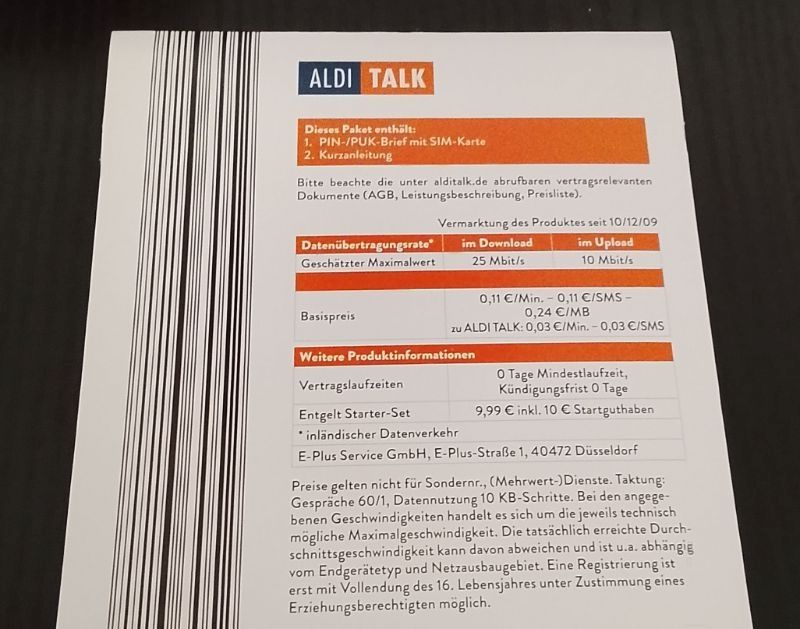 Aldi Talk Starterset mit SIM-Karte, 10 € Startguthaben