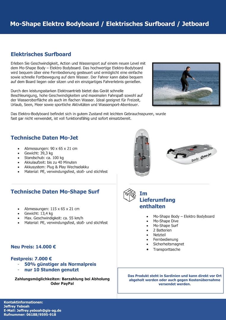 Mo-Shape Elektro Bodyboard / Elektrisches Surfboard / Jetboard