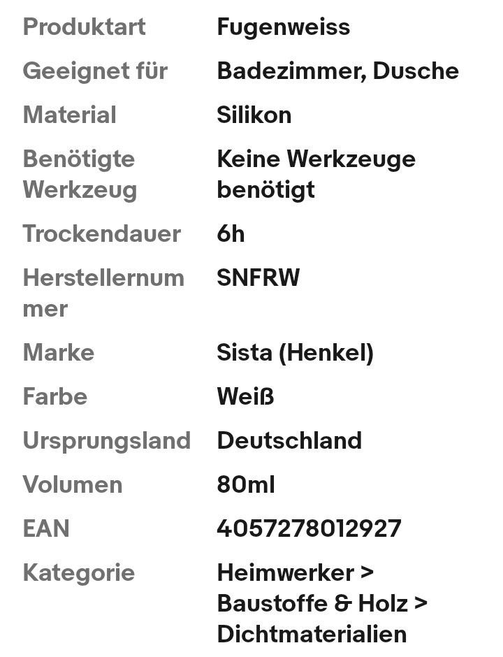 Sista ® (Henkel) Neue Fuge Fugensanierung Silikon Fugenweiss 80ml weiss