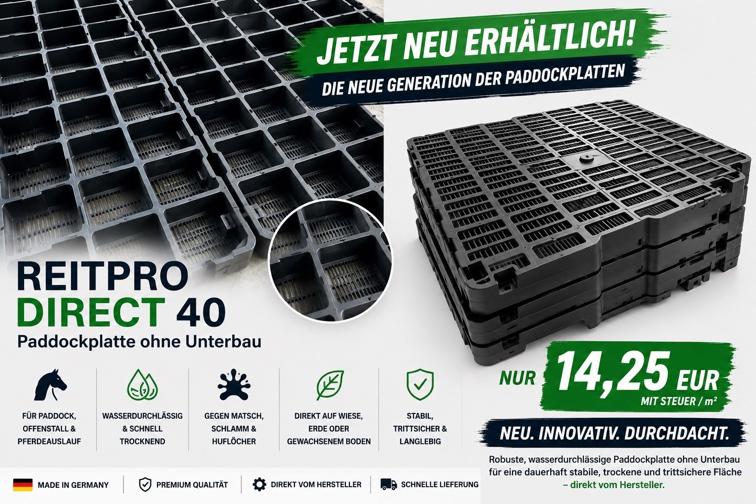 Paddockplatten kaufen & Rasengitter - Paddockgitter ohne Unterbau ReitPRO40