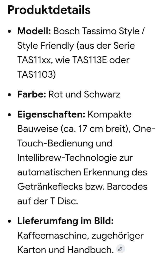 Bosch Tassimo TAS11x "style friendly", Nicht im Lieferumfang: Wassertank