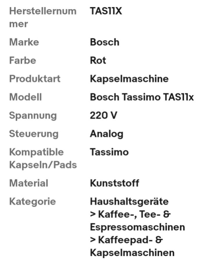 Bosch Tassimo TAS11x "style friendly", Nicht im Lieferumfang: Wassertank