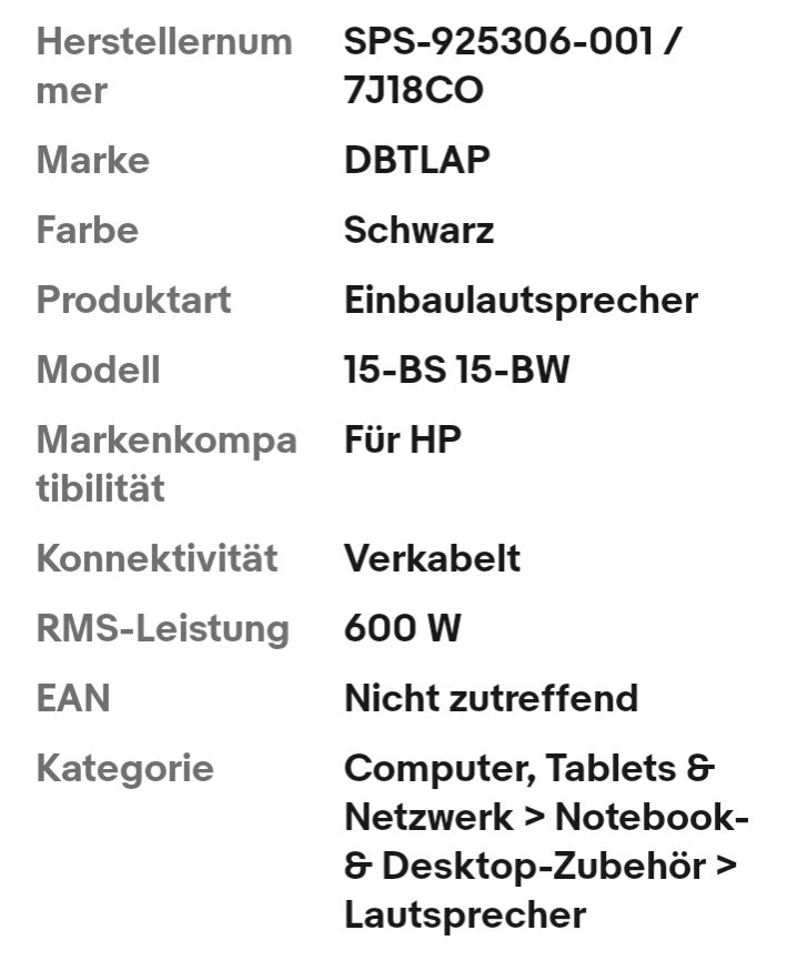 Laptop Lautsp. Komp. für HP 250 255 G6 Lautsp.15-BS 15-BW Lautsp.925306-001