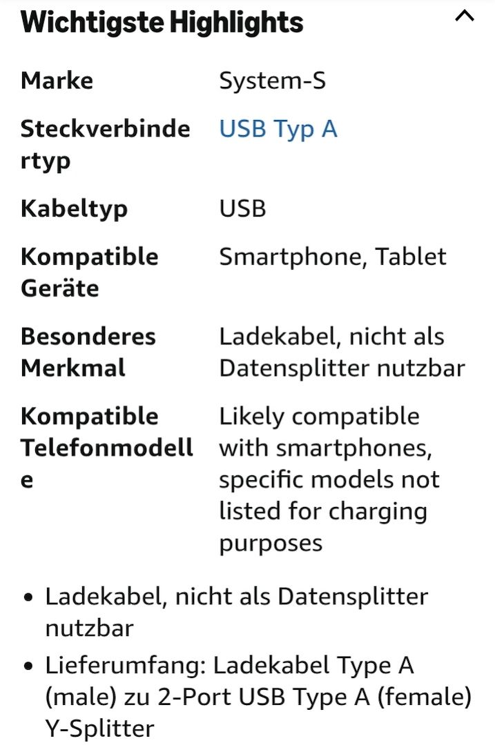 Kabel USB Typ A Stecker zu 2 x USB Typ A Buchse Y-Splitter Ladekabel