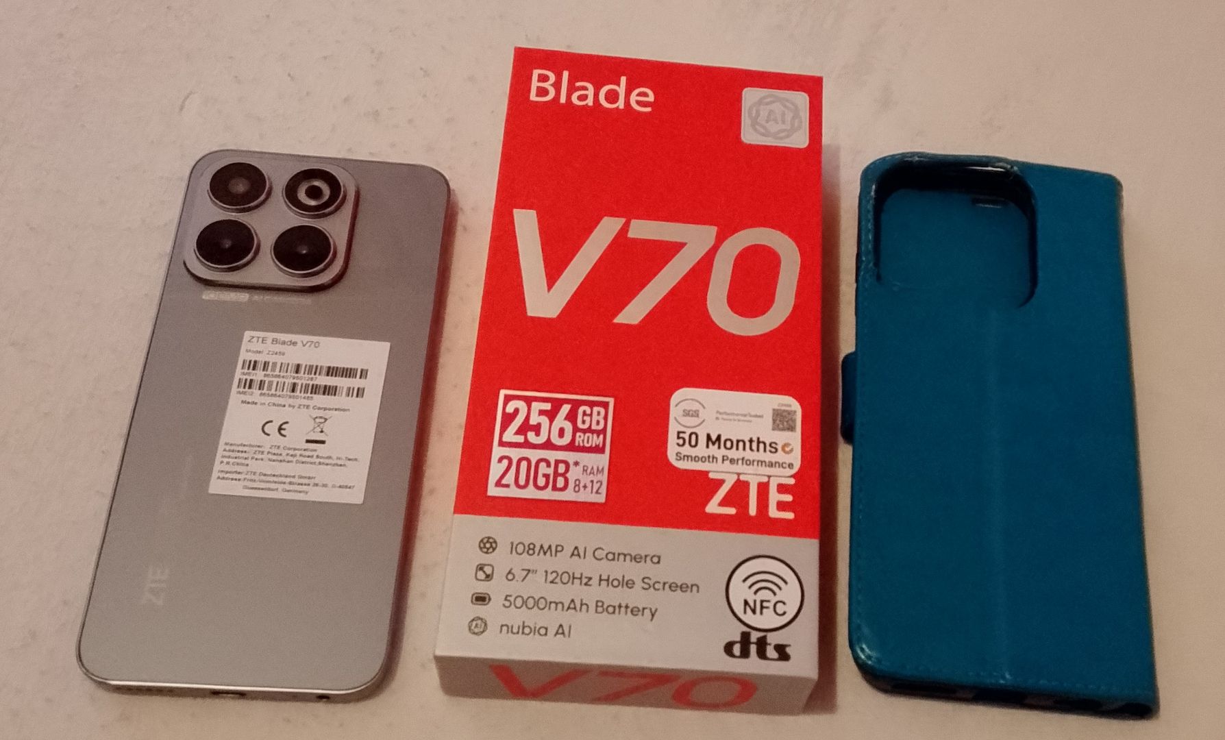 ZTE Blade V70 256 GB Stardust Gray Dual SIM Smartphone Handy Mobiltelefon, Hülle