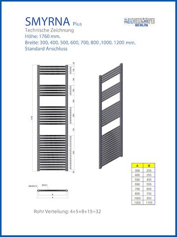 Badheizkörper SMYRNA Weiß 400 x 1760 mm. Gebogen Standardanschluß