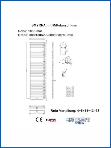 Badheizkörper SMYRNA Weiß 450 x 1800 mm. Gebogen Mittelanschluss