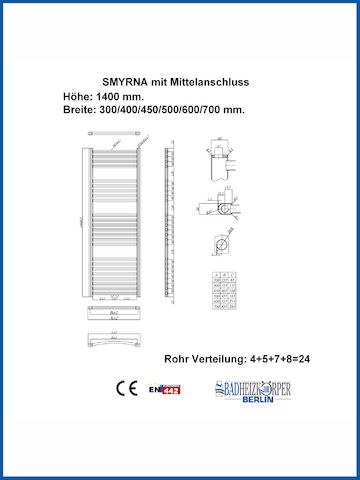 Badheizkörper SMYRNA Weiß 700 x 1400 mm. Gerade oder Gebogen